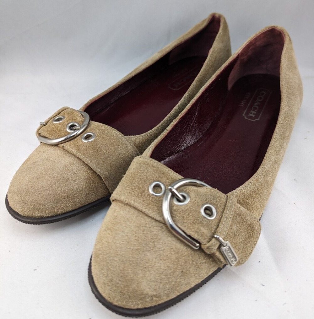 Coach Breanna Suede Leather Flats Loafers Shoes 5 B Italy Buckle Camel / Tan